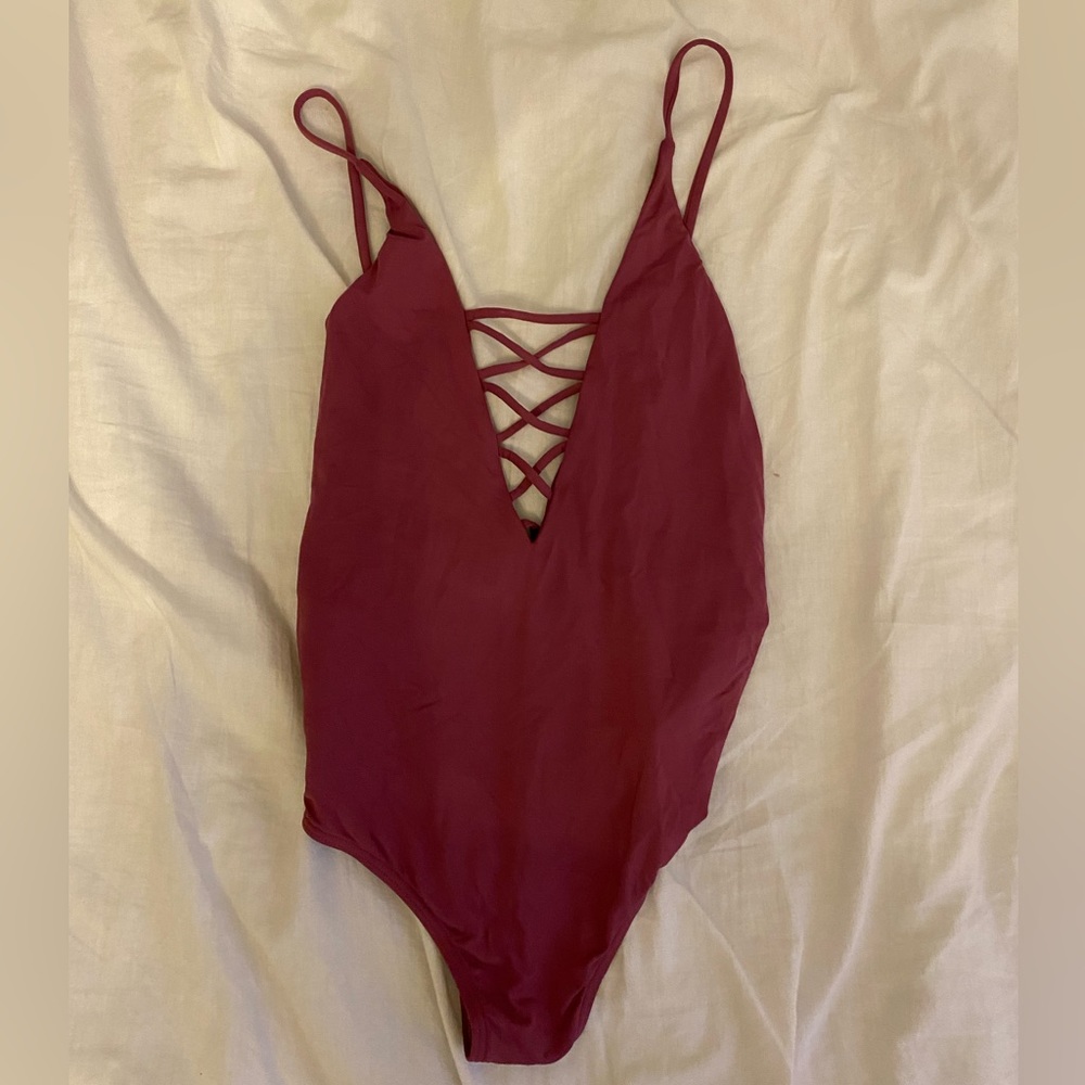 Women’s Deep V Strappy One-Piece Swimsuit - Burgundy